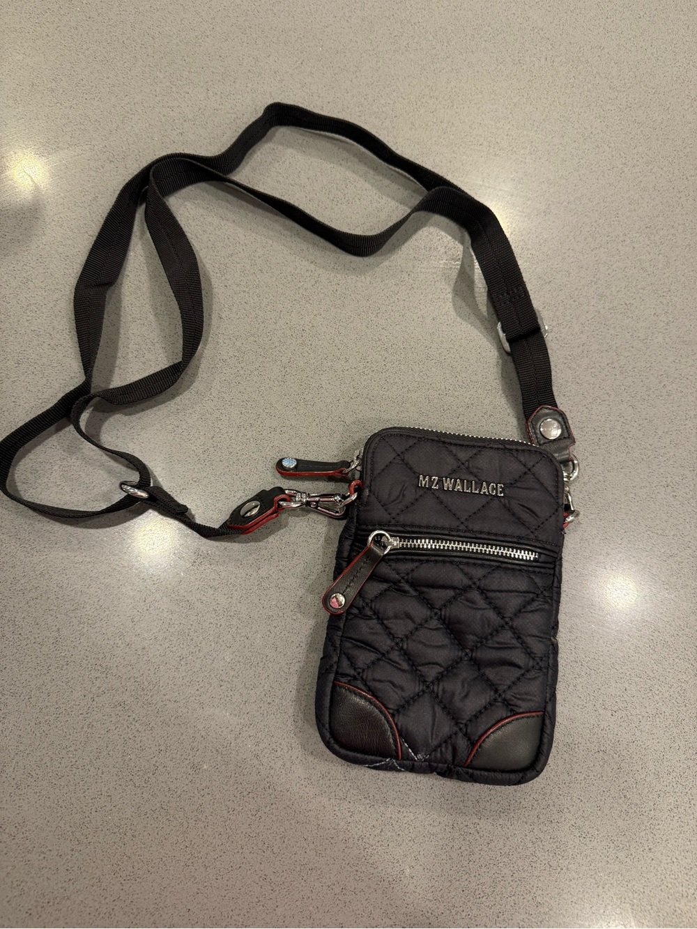 MZ Wallace Black Quilted Crossbody Phone Wallet with Red Trim